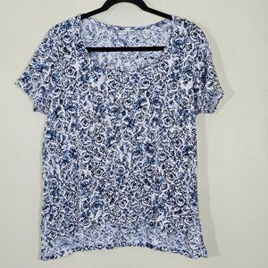 Artisan NY Top L Womens White Navy Floral SS Round Neck Office Casual Linen Boho